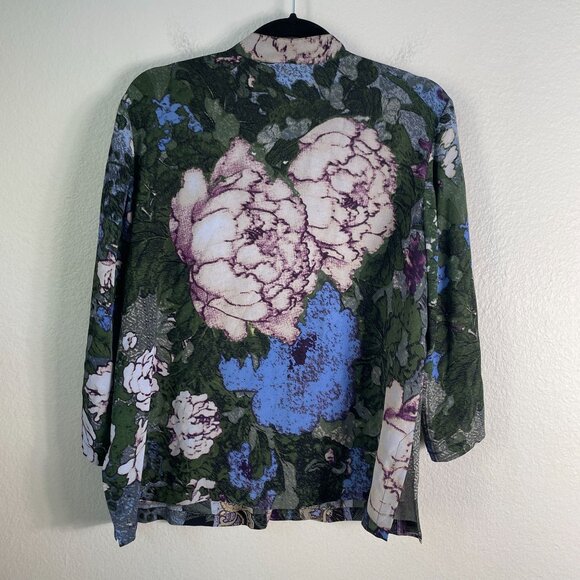 Citron Santa Monica Womens Medium Petite Silk Button Up Blouse Dragon Floral - Picture 9 of 12